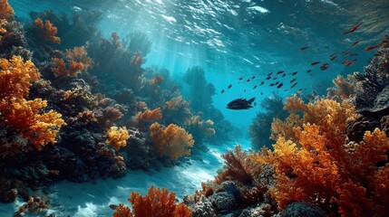 Fototapeta premium Captivating Underwater Coral Reef Scene with Sunlight Rays and Swimming Fish