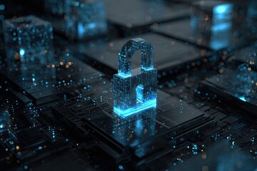 A luminous blue digital padlock sits atop a complex circuit board with other illuminated digital cubes