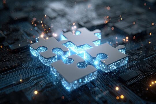Four interconnected puzzle pieces, glowing, on a circuit board background with digital sparks