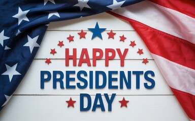 Happy presidents day celebration with american flag and stars on white wooden background