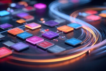 Obraz premium Abstract digital artwork of colorful microchips connected by illuminated flowing lines