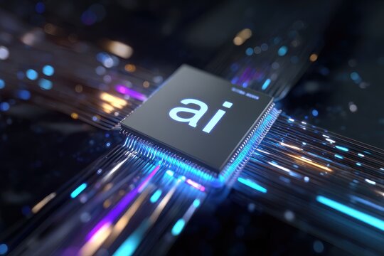 Close-up of a computer chip with "ai" inscription, glowing with electrical circuits and blue lights