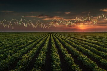 Field of crops with stock market chart overlayed against a setting sun