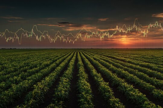 Field of crops with stock market chart overlayed against a setting sun - Powered by Adobe