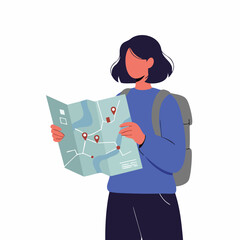 Flat Illustration of Woman Traveler Reading City Map with Backpack