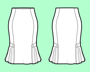 Fluted Hem Skirt Design Technical Flat Sketch with Front and Back.