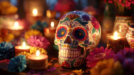 Fototapeta premium Sacred Sugar Skulls – Día de los Muertos Candlelight