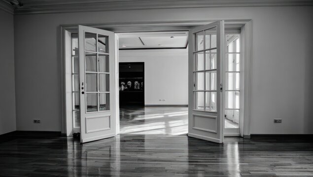 A spacious, empty room with large, white double doors, showcasing a minimalist and elegant design. - Powered by Adobe