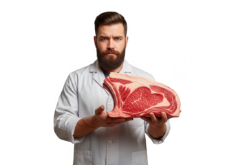 Bearded butcher holding raw tomahawk steak beef meat protein food isolated on transparent background