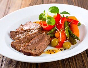 Sliced roast beef with roasted vegetables