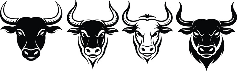 Set of Majestic Bull and Ox Head Silhouettes: Powerful Livestock, Farm Animal, Strong Symbol, Agriculture, Ruminant, Horned Creature, Mascot, Emblem, Icon, Vector, Illustration
