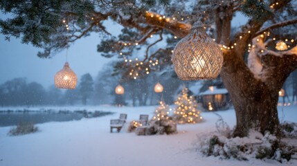 Oversized Christmas decorations create a magical winter atmosphere near a snowy lakeside setting