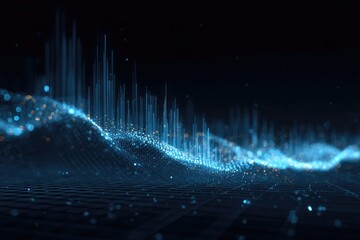 Abstract digital data visualisation depicting wave-like patterns with blue and gold particles