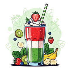 A vibrant cartoon illustration of a layered fruit smoothie with strawberry, banana, and kiwi, garnished with whipped cream and fresh berries.