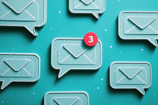 A teal-colored backdrop displays several speech bubbles containing stylized email symbols. One shows notification