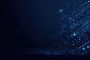 Abstract digital image of interconnected light trails and particles on a dark blue background
