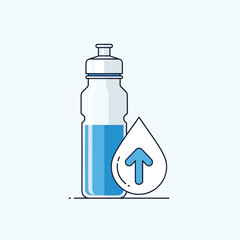 A sports water bottle next to a water drop icon with an up arrow, symbolizing increased hydration and fluid intake.