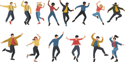 Group dance illustration, diverse people dancing in casual outfits, energetic movement, joyful celebration, colorful fashion, modern lifestyle vector design