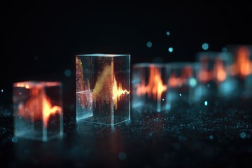 Transparent cubes showcase dynamic orange sound waves against a dark background, abstract data concept