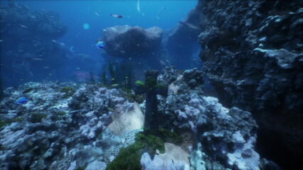 Bright colors fill the scene as sunlight filters through the water, illuminating a vibrant coral reef teeming with fish and marine life. Rocks and corals create an enchanting underwater landscape.