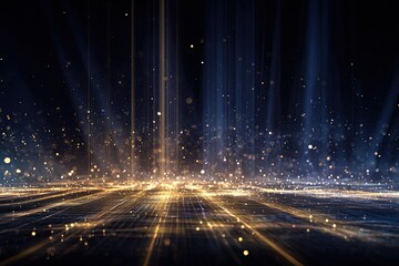 Abstract digital landscape of radiant gold and blue beams with sparkling particles