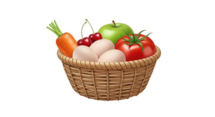 Isolated basket of farm-fresh produce shows carrot, cherries, eggs, apple and a tomato