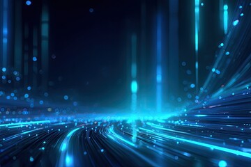 Abstract digital display of blue light streams with glowing particles. Dark background