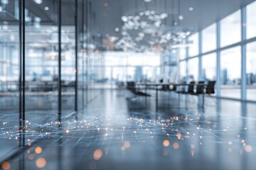 Modern, spacious office interior with floor-to-ceiling windows and network overlay