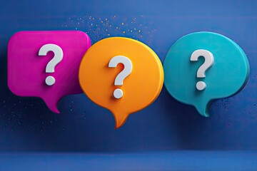 Three colorful speech bubbles with white question marks, set against a gradient blue background