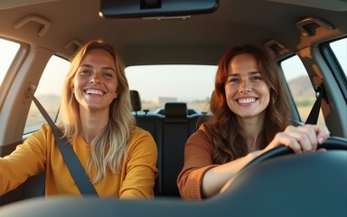 Happy duo in a vehicle. High quality