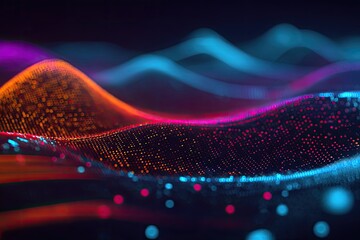 Abstract digital landscape with glowing waves in vibrant hues. Dark background
