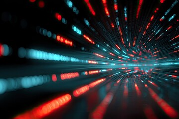 A dynamic tunnel of data streams, abstract with blurred lights in red and blue