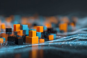 Abstract 3D art featuring colorful blocks amidst a flowing, ethereal blue particle effect