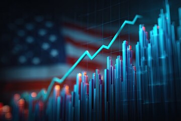 Financial graph with bars and a rising trendline, superimposed over a blurry US flag