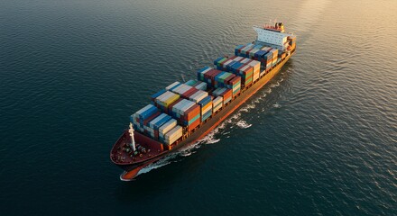Aerial View of a Large Container Ship Sailing on the Ocean.