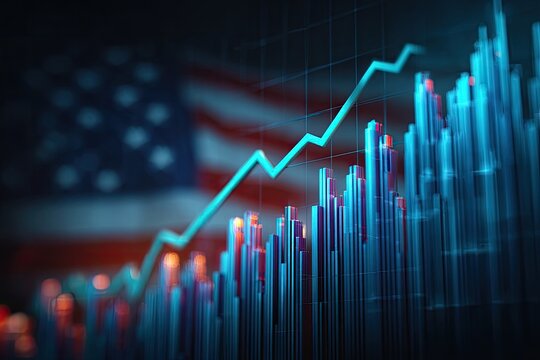 Financial graph with bars and a rising trendline, superimposed over a blurry US flag