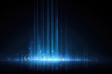 Abstract digital data flowing as glowing, blue light beams rising from a dark background
