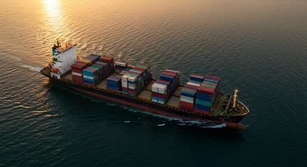 Container Ship Sailing on the Ocean at Sunset.