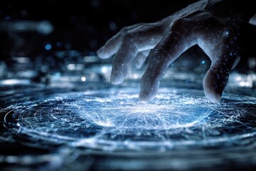 Glowing blue interface interacting with a hand, depicting modern technology & data visualization