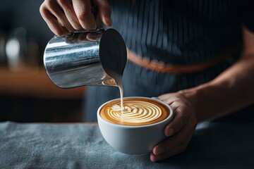 Barista pours steamed milk onto coffee, creating a detailed design in the foamy drink