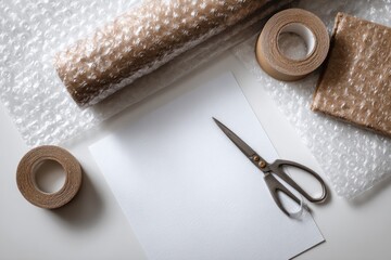 Packing Supplies Including Bubble Wrap Tape and Scissors for Shipping.