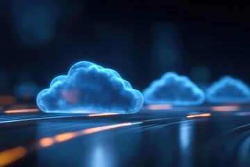 Glowing blue cloud shapes on an abstract background with orange light streaks