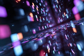 Abstract perspective view of glowing, rectangular shapes floating in space. Digitally rendered