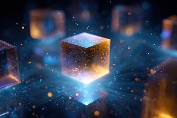 Glowing, translucent cubes suspended in dark blue with light effects and particle details
