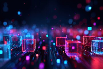 Abstract image with glowing cubes and particles in shades of blue and red against a dark background