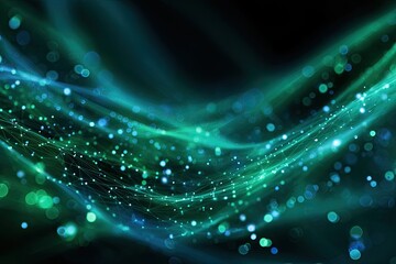 Abstract artistic depiction of luminous, flowing, emerald and teal light trails