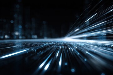 Futuristic urban scene with streaks of light speeding across a dark, blurred foreground