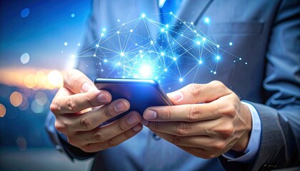 Business suit meets smartphone network glow, symbolizing mobile data power, digital systems, and urban tech fluency.