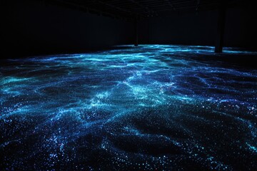 A dark room with a glowing blue projection resembling rippling water on the floor