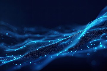 Digital representation of glowing, abstract waves with particles. Dark blue background